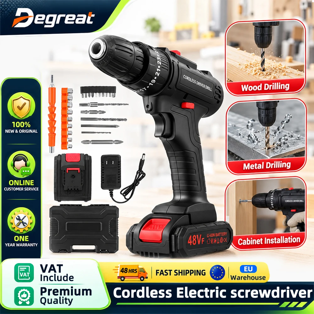 Kit de taladro inalámbrico Degreat 3 en 1 con modo de martillo, portabrocas sin llave de 3/8, ajuste de par de 25+1, 48Vf, 2 baterías, 28