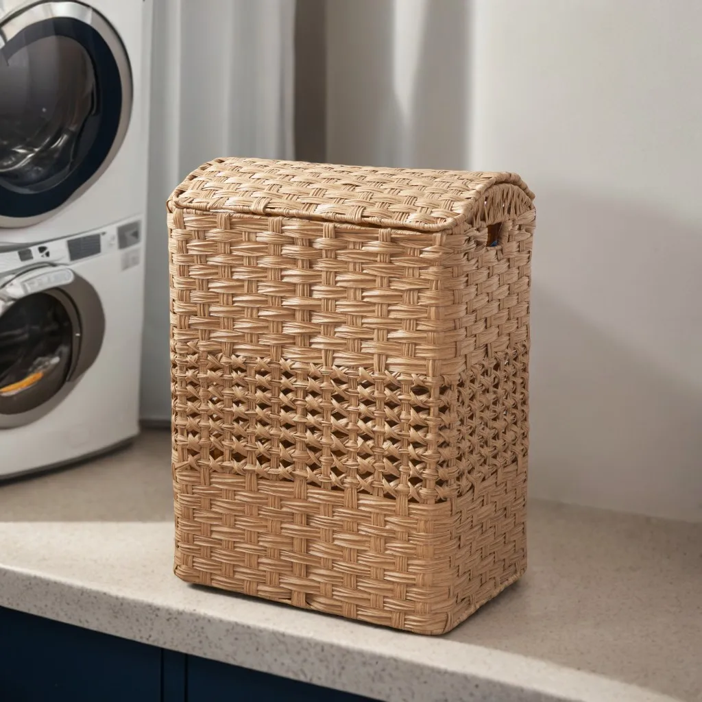

Rectangular woven resin rattan laundry basket - foldable clothing storage basket, suitable for bedroom and bathroom storage
