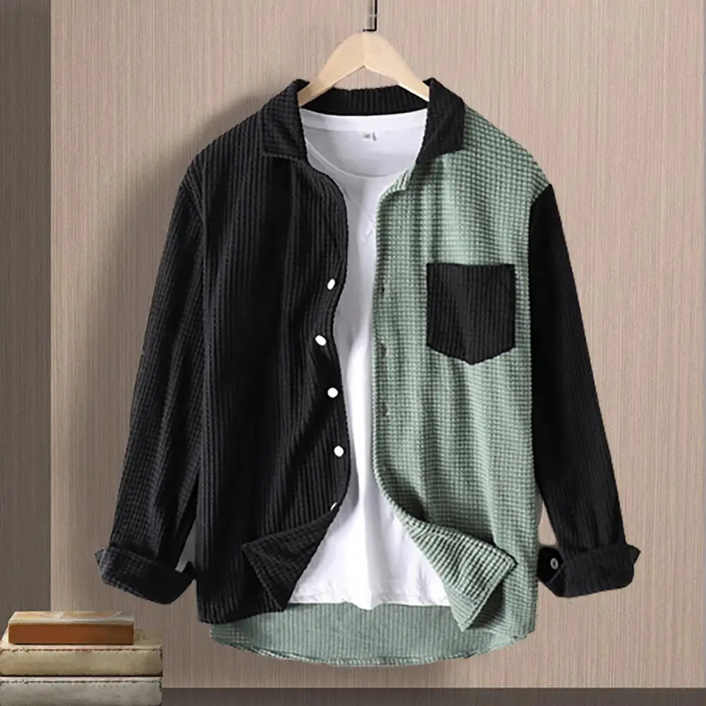 

Men Shirt Coat Spring Autumn Men Casual Shirt Coat Men Casual Shirt Lapel Long Sleeve Pocket Shirt Men Color Block Shirt Coat