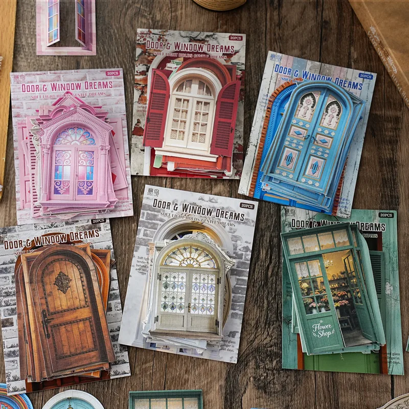 20pcs Doors Windows Series Vintage Style Stickers Cute Phone Case and Journal Diy Handbook Material School Office Supplie