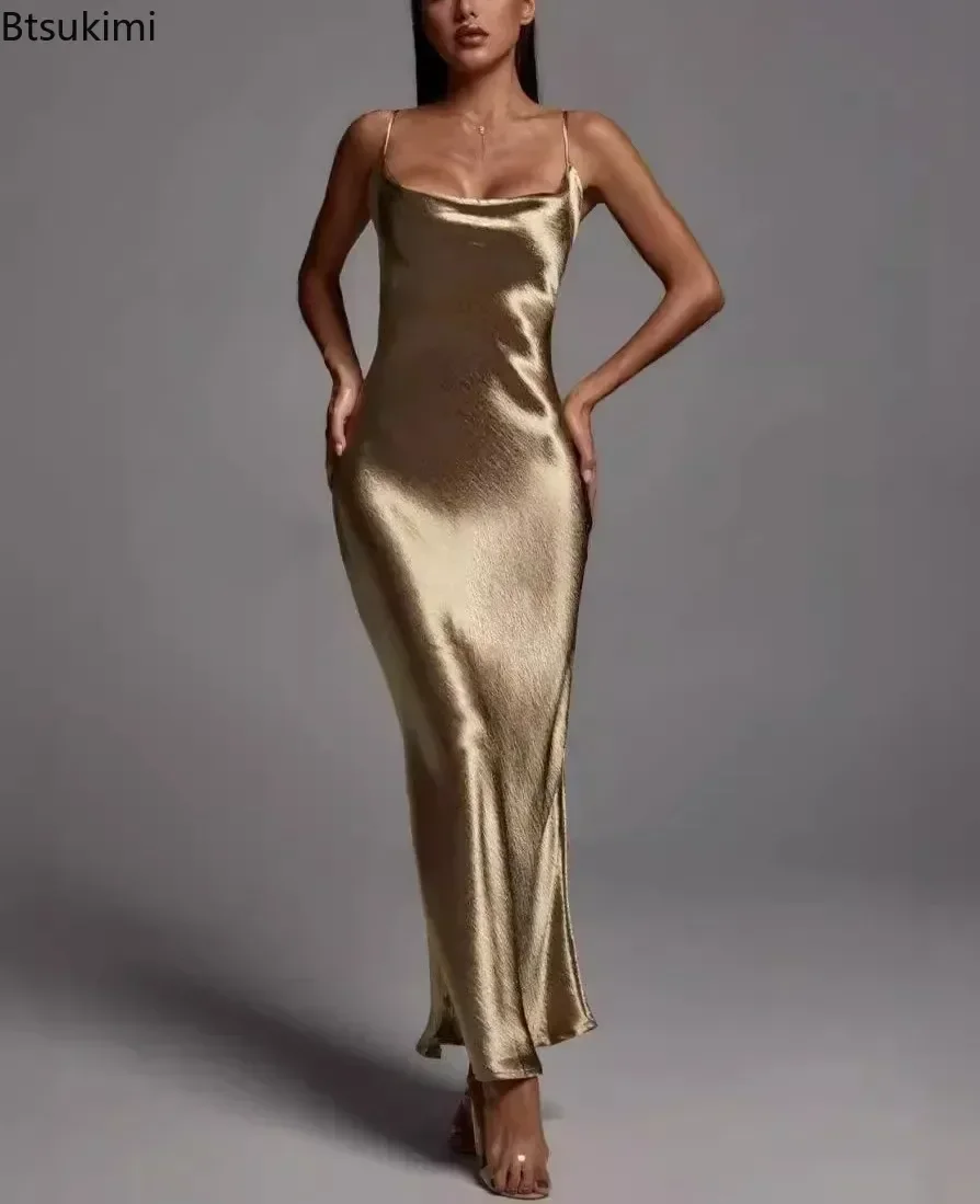 Vestido maxi metálico dourado, elegante, cetim, costas nuas, vestido feminino, verão, alça espaguete, sem mangas, noite, festa, vestido longo