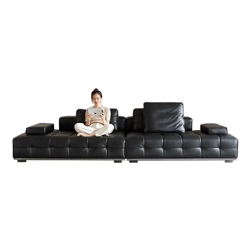 Leather sofa living room, high-end villa straight-row sofa, Italian minimalist, first-layer cowhide sofa black