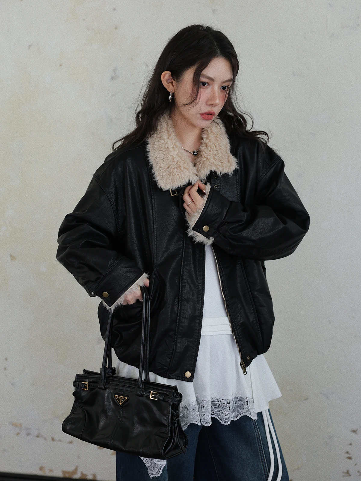 

DR Retro Fur Collar Stand Collar Design Flower Bud ort Parka Faux Leather Jaet Women's Fce Lined Outerwear Coat