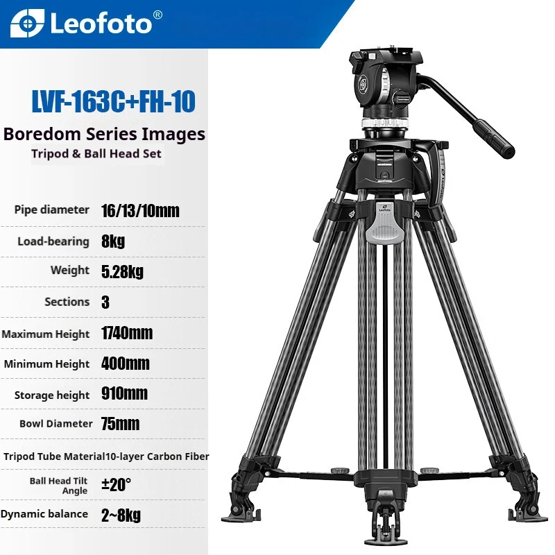 

Leofoto LVF-163C+FH-10 Carbon Fiber Tripod One-Touch Height Adjustment with Hydraulic Head Sturdy Heavy-Duty Tripod Stand