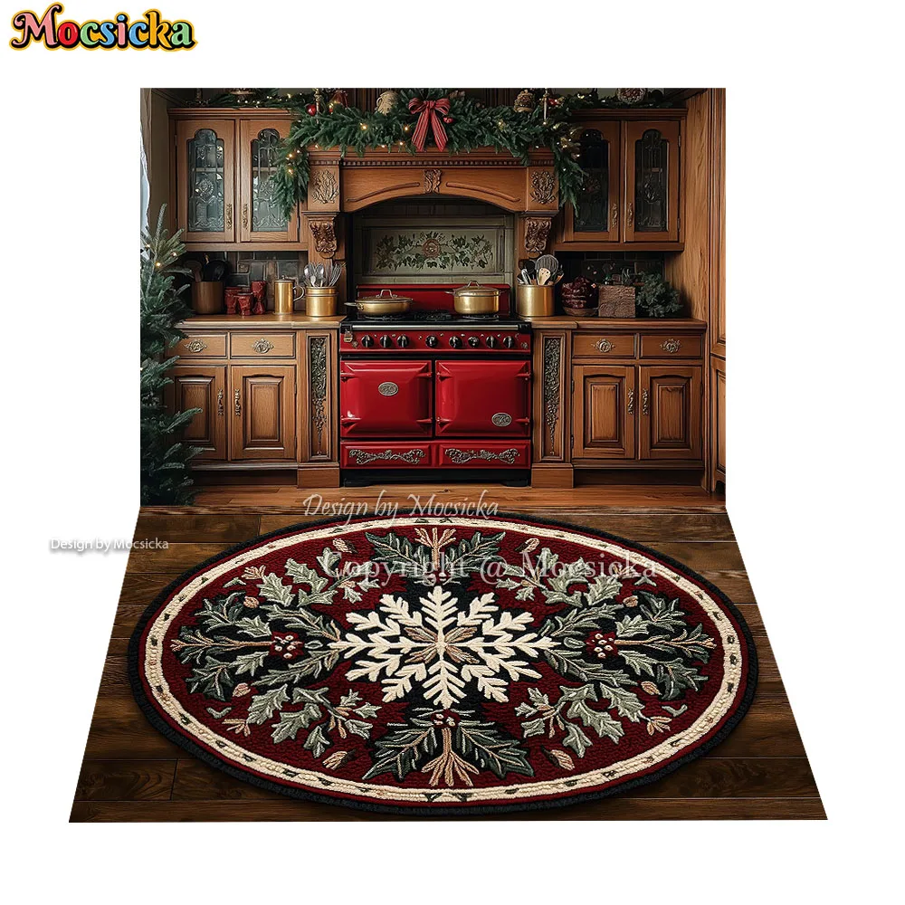 Mocsicka 3D Rustikaler Weihnachtsküchenhintergrund Fotografie Vintage Schrank Weihnachtskranz Teppich Hintergrund Winter Familie Fototermin