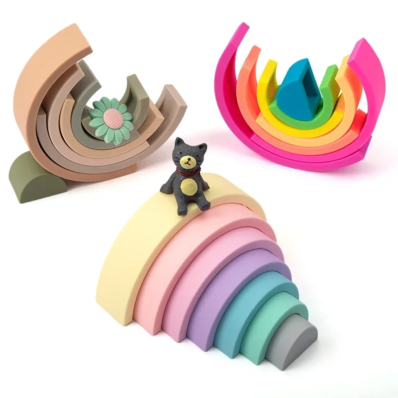 WOLIFE-Jouets empilables en silicone pour bébé, sans BPA, arc-en-ciel, nuits douces pour enfants, construction 3D dos Montessori