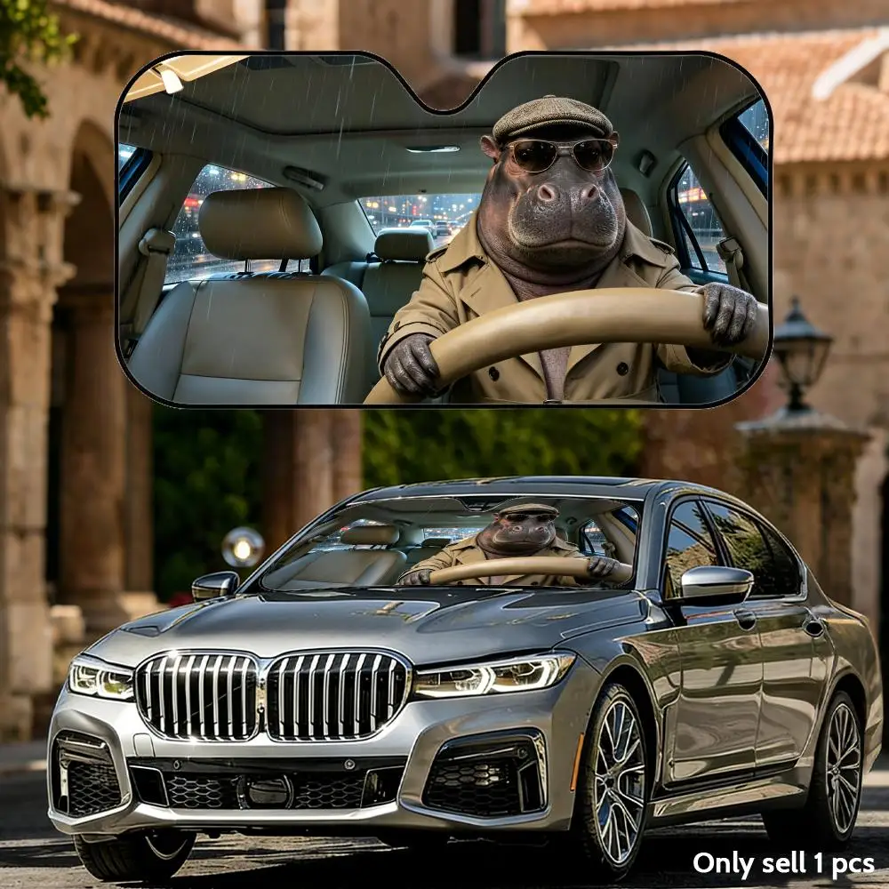 

Hippo Animal Driving Sun Visor Aluminum Foil Windshield UV Protection Heat Insulation Cover Foldable Reusable Sun Visor Shade