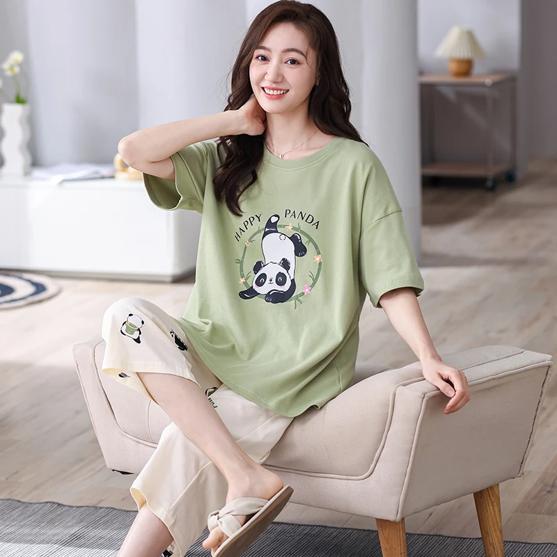 High Quality Women Pajamas Set 100% Cotton Ladies Sleepwear Cute Cartoon Short Sleeve Female Leisure Homewear