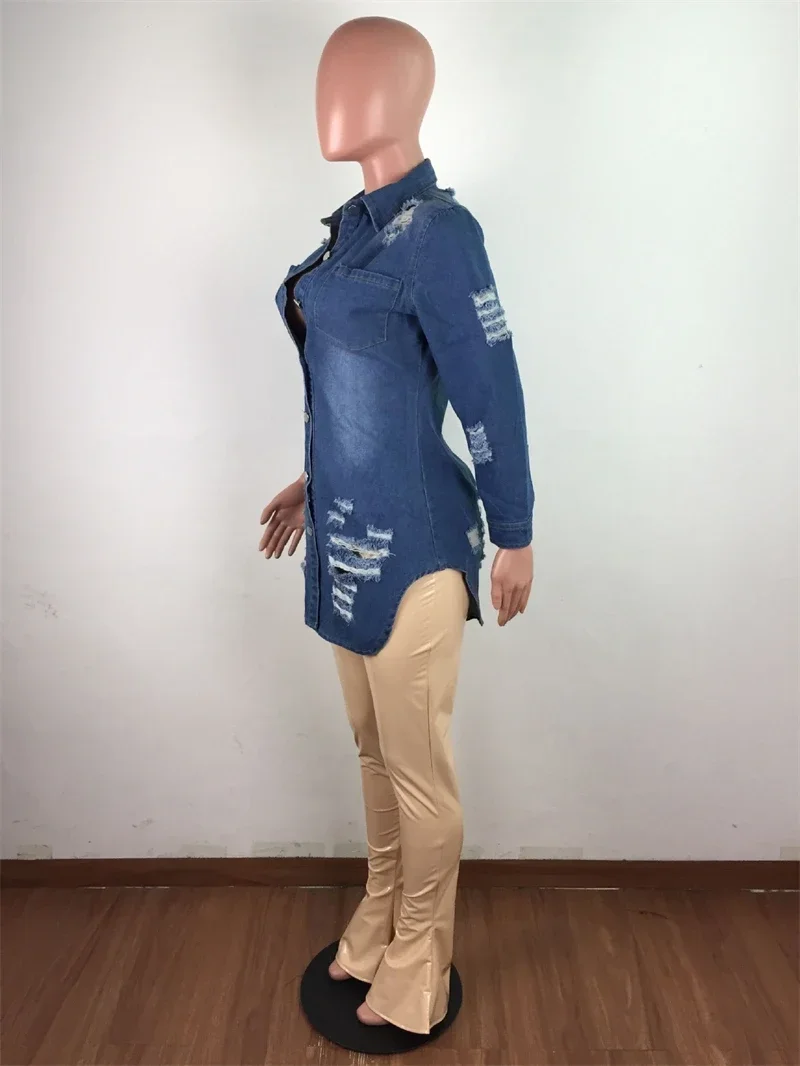 Streetwear Gescheurde Denim Jurken Voor Dames Herfstkleding Met Volledige Mouw Uitgeholde Mini-Jurk Streetwear Jeans Shirt Jurk Vestidos