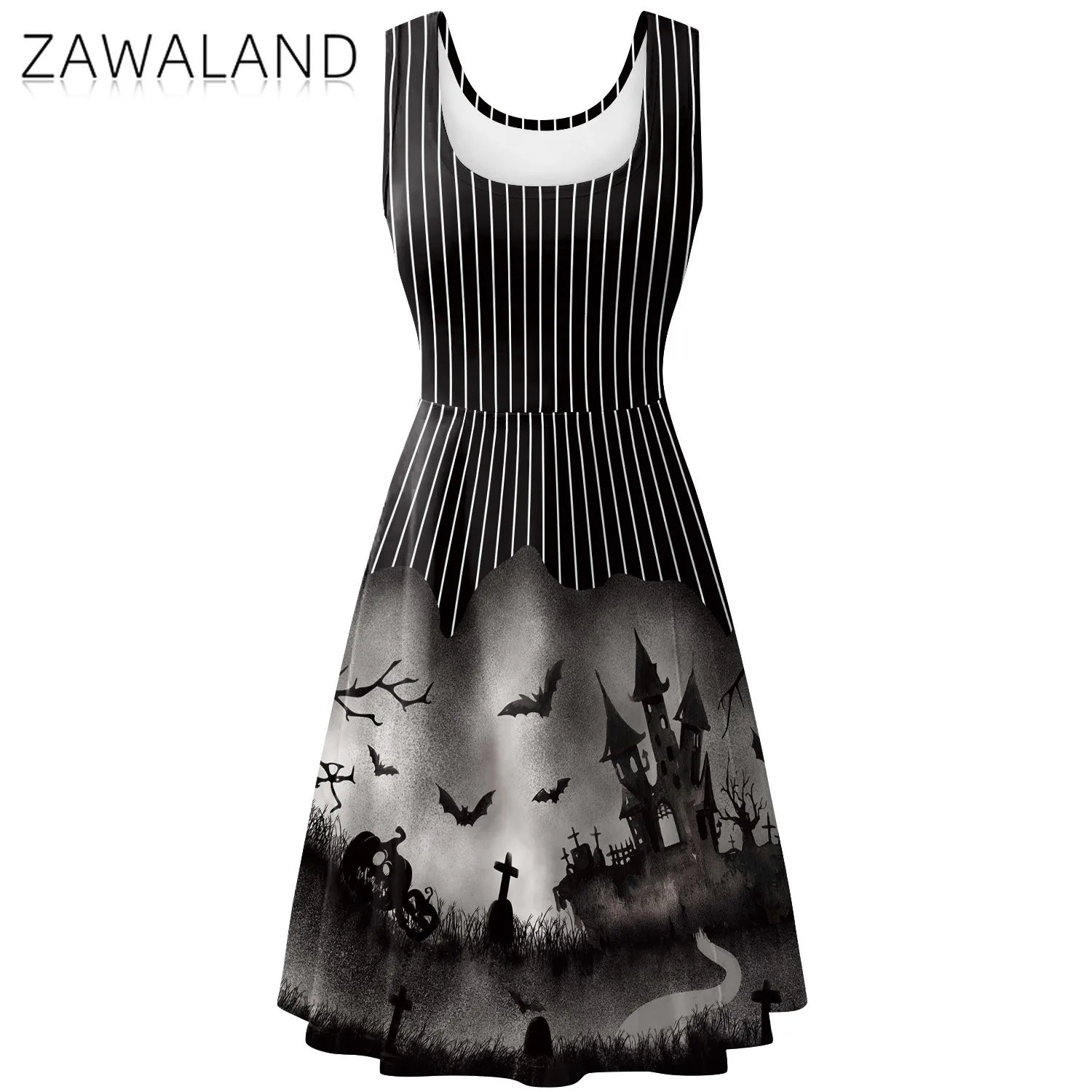 Castelo morcegos padrão cosplay vestidos mulher tiras pretas vestido sem mangas halloween palco desempenho traje adulto festa vestido de verão