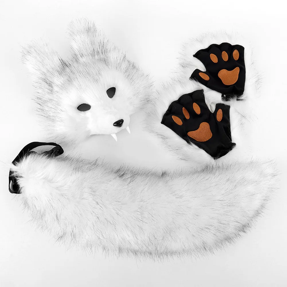 Fox Wolf Mask and Tail Set for Halloween Cat Mask Tail Cosplay Fox Mask Wolf Tail Costumes Accessories for Party