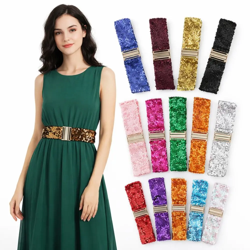 60cm Elastic Sequin Stretch Belt Gold Buckle Disc Eye Catching Shinny Waistband Professional Versatile Women's Belt Dresses