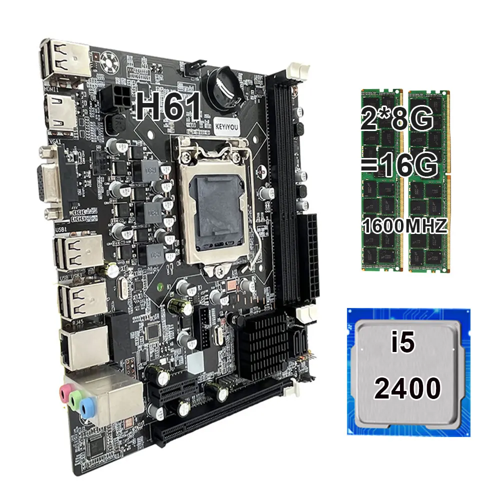 KEYIYOU-PC Motherboard Set com Core i5 2400 CPU, Memória DDR3, Gamer Desk Board Kit, 1600mHz, 2x8 GB, 16GB, LGA1155, H61