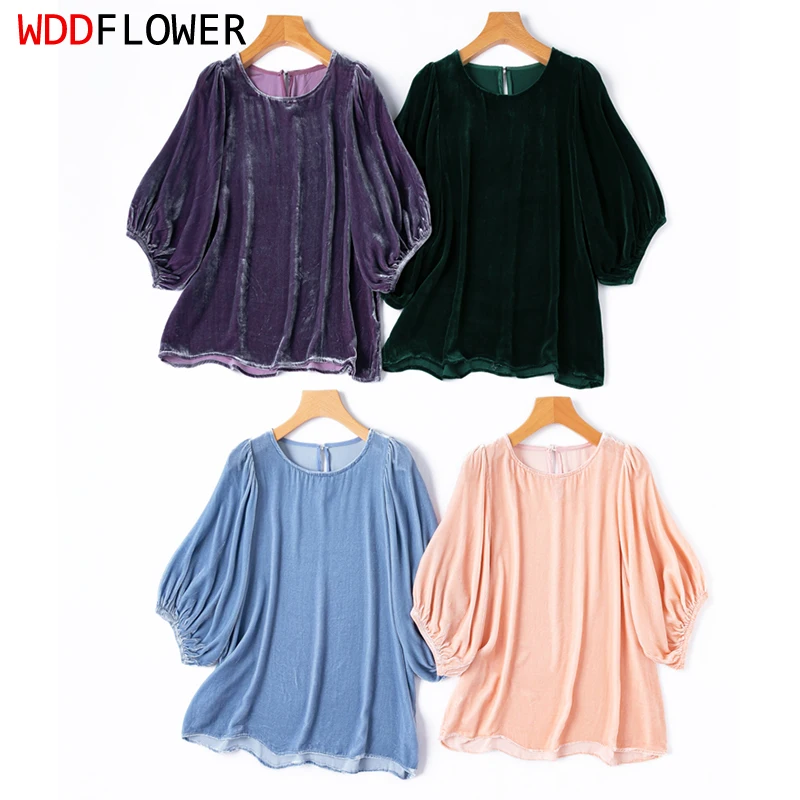

100% Mulberry Silk Lining Women Silk Velvet Loose Type Blouse Solid Colors Half Sleeve Top Shirt Pullover Spring Autumn M1452