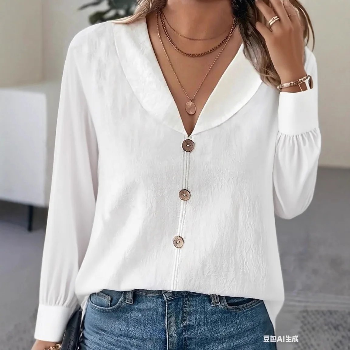 

Spring and Summer New Solid Color Doll Collar Long Sleeve Button-down Top Women's Clothing