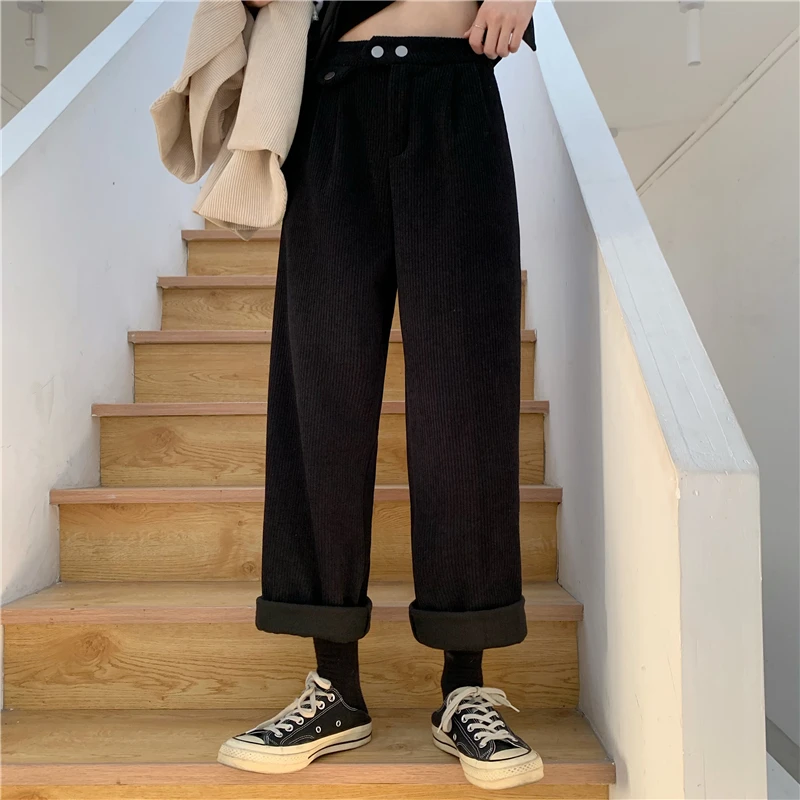 Women Pants Korean Style New Loose All-match Corduroy Wide Leg Trousers Womens Trendy Leisure Harajuku Daily Ulzzang High Waist