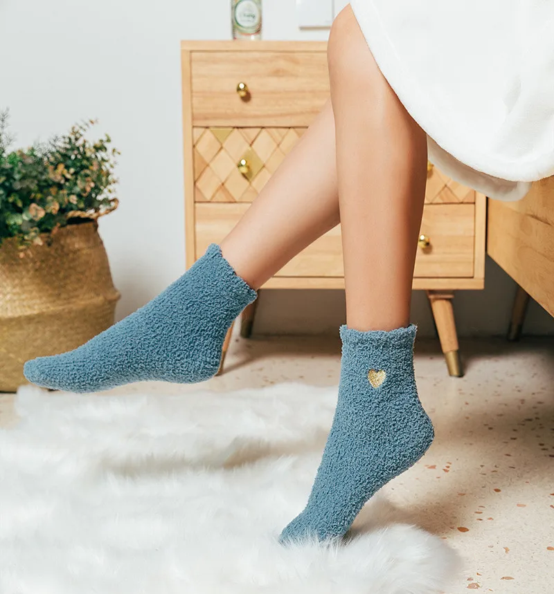 5Pairs Womens Floor Sleep Sock Autumn Winter Cute Heart Slippers Fuzzy Polyester Socks Female Ladies Warm Fluffy Socks