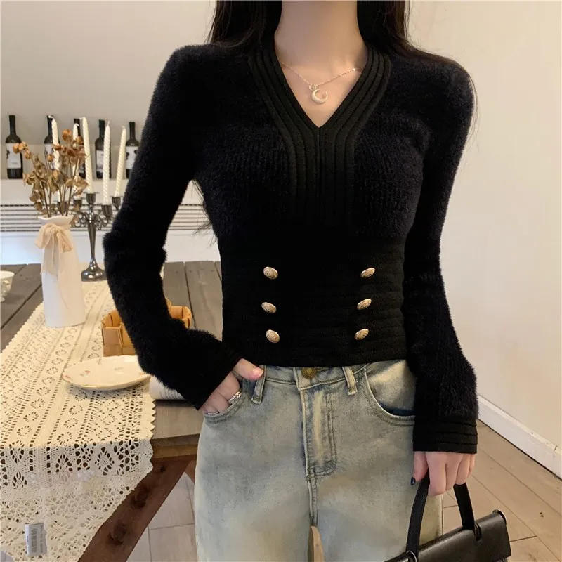 Spring V-neck Sexy  Multi-button Long-sleeve Sweater Women 2024 Autumn New Korean-style Solid Color All-match Knitted Crop Tops