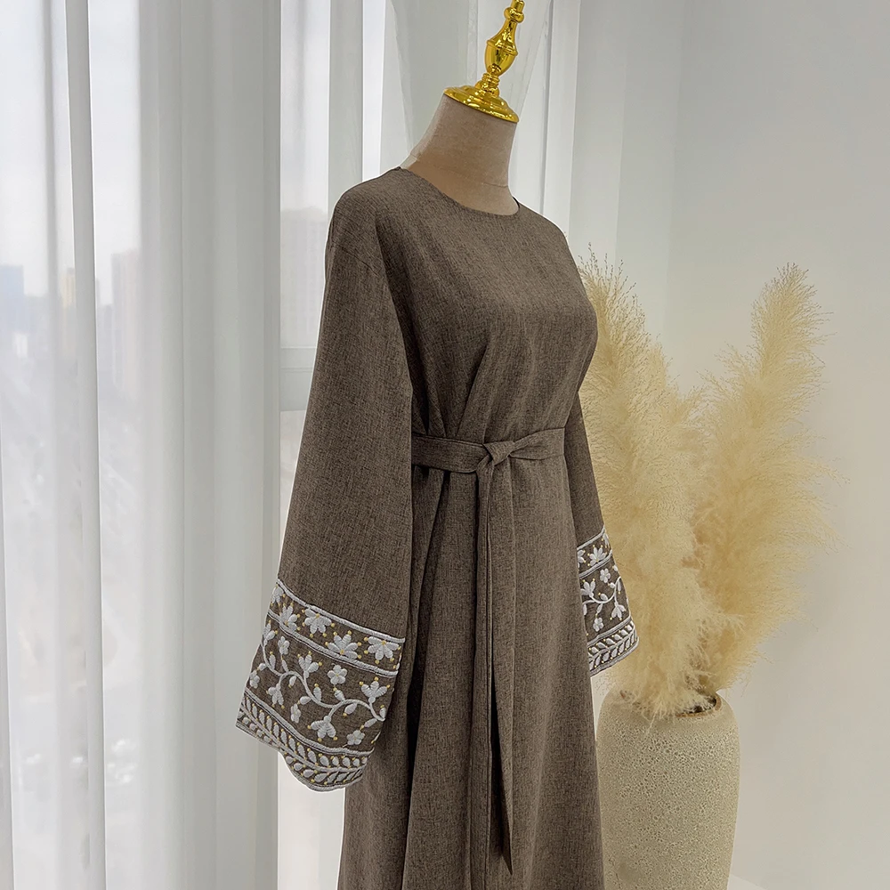 2025 Eid Bordado Modesto Linho Fechado Abaya Femmes Robe Musulmane Dubai Abaya Mulheres Vestido Muçulmano