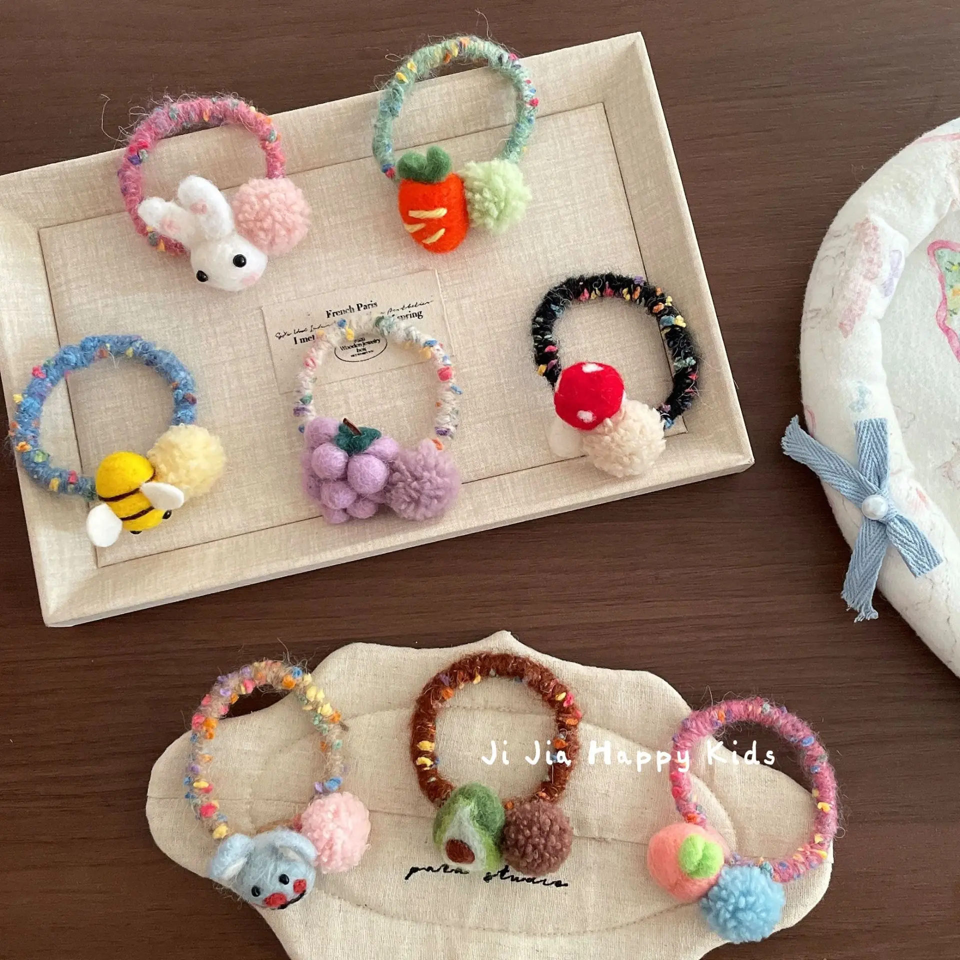 Hair Ties Wool Felt Rabbit Pom Handmade Grape Carrot High Elastic Ponytail Soft Lightweight Daily Headwear Color As Shown
