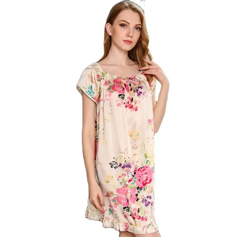 Birdtree 16MM 100%Real Mulberry Silk Nightgown Women Short Sleeve Print Pajama Dress Sleepwear Nightwear New Summer P36722QM