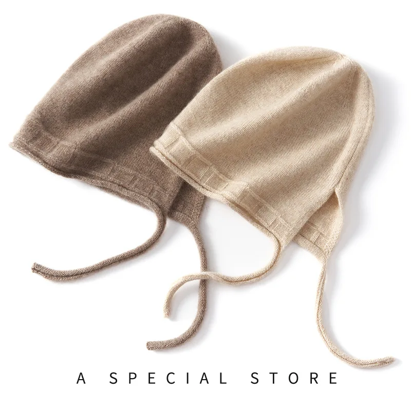 women's cashmere hat spring and autumn new women's solid color warm when still can tie a rope lace ear knitted casual hat