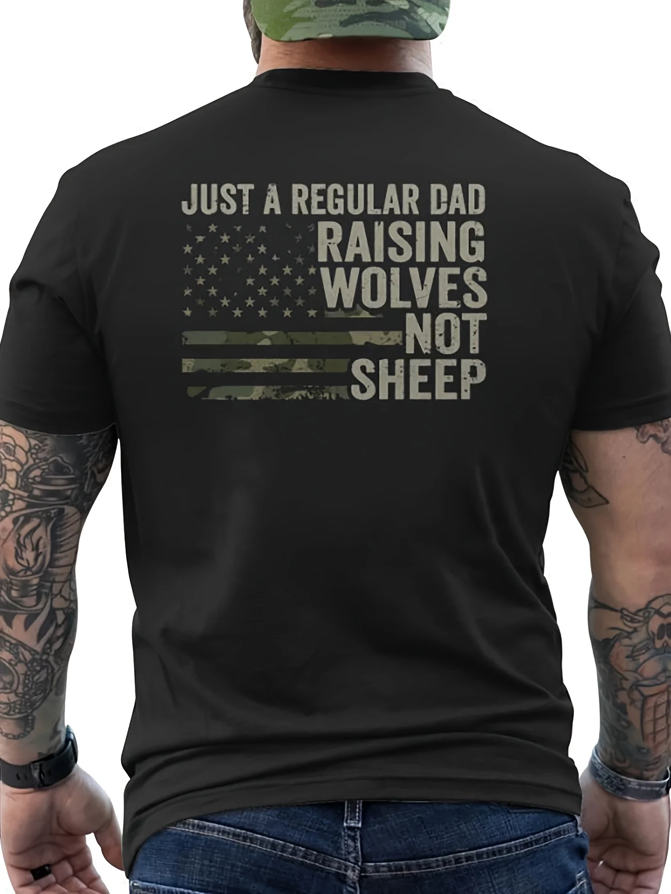 [American Flag Camouflage T-Shirt] Men's Funny T-Shirt - American Flag Soldier Camouflage Regular, Raise Wolves Instead of Sheep, Men's Back Printed T-Shirt