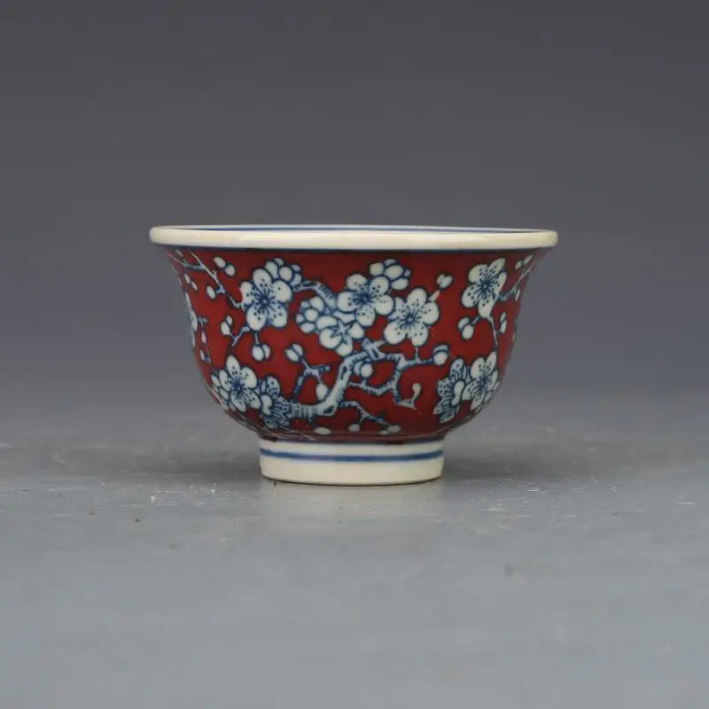 

2.7" China Blue and White Porcelain Porcelain Red Glaze Plum Blossom Cup