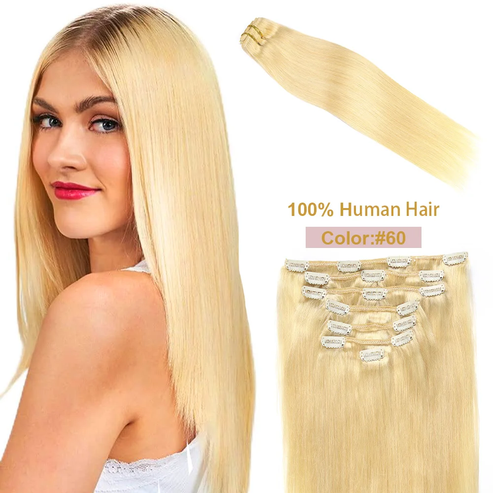 Clipe em extensões de cabelo, destaque, 100% cabelo humano, sem costura, alvejante invisível, loiro, clipe no cabelo, #60, 18-24 em, 7PCs por conjunto