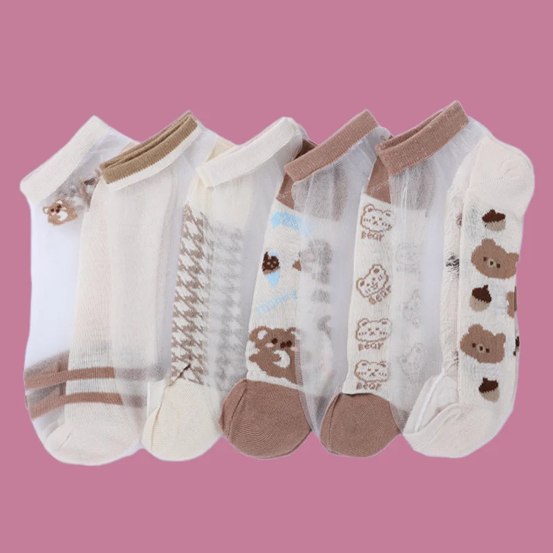 Bas en verre à bouche peu profonde invisible pour femmes, chaussettes décontractées, carte fine, chaussettes courtes, chaussettes assorties, ours, nouveau, 5/10 paires