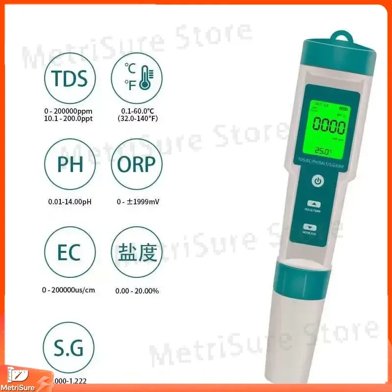 7 in 1 Water Quality Tester TDS pH EC ORP Temperature Salinity Meter for Aquarium Pool Hydroponics Drinking Water Testing