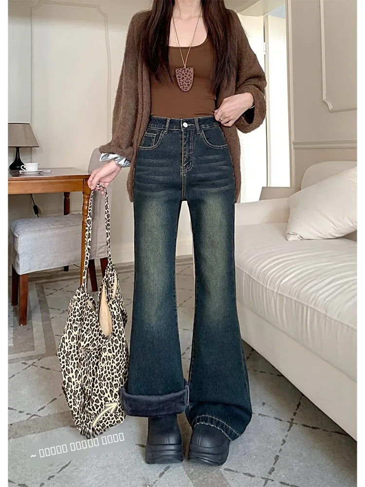 

Женские джинсы-клеш с подкладкой, высокая талия, облегающие, эластичные, длинные брюки, осенне-зимние повседневные джинсовые штаны