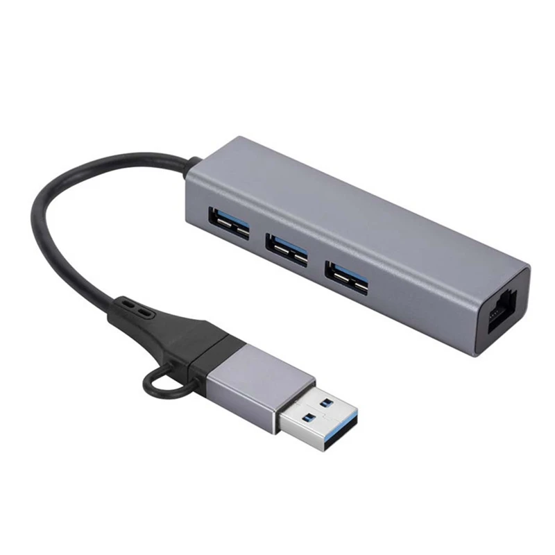 HUB 1000 de port de la carte réseau 3.0 Mbps 3 de gigabit de 1 morceau 2 dans 1 câble USB-C à la carte réseau sans conducteur RJ45 en aluminium