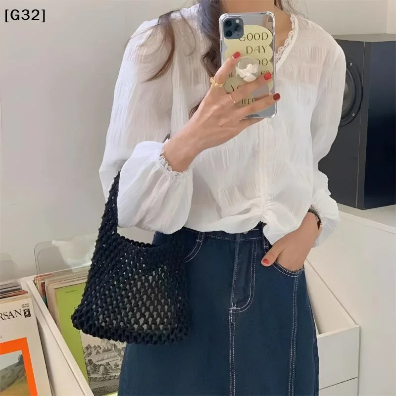 Knitted Handbag, Hollowout Handmade Woven One-shoulder Pouch, The Cotton Rope Colorful Large Capacity Mommy Bag Work【G32】