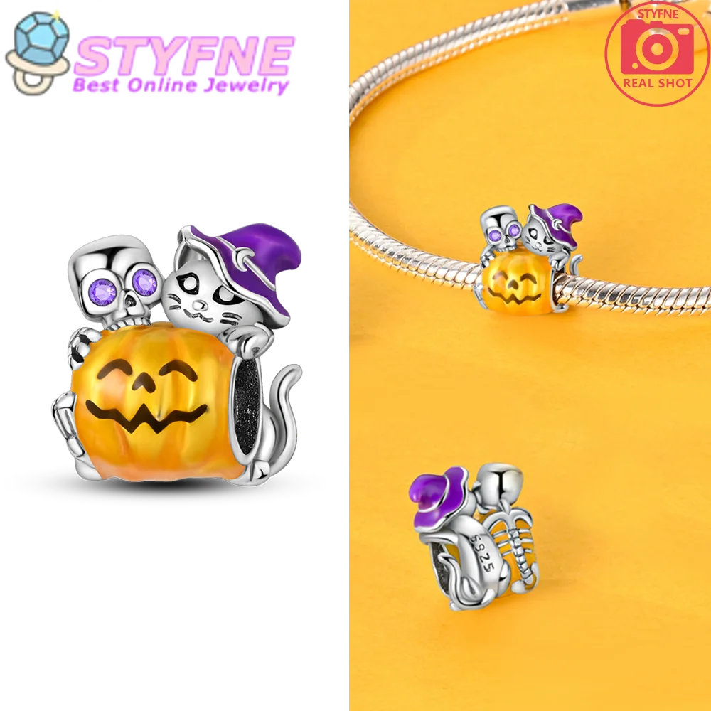 Dazzling 925 Sterling Silver Glow In Dark Skull Witch Cat Pumpkin Charm Fit DIY Bracelet Necklace Women's Halloween Date Gift