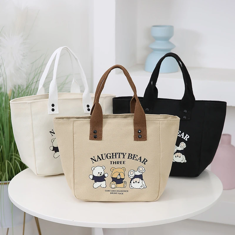 Classic Canvas Lunch Bag Cartoon Bear Picnic Tote Bag Large Capacity Handbag Cute Commuter Bento Lunch Box Storage