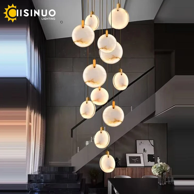 Dropshipping Luxury Gold Marble Chandeliers Round Natural Stone Hanging Pendant Lamp High Ceiling Deco for Staircase Villa Lobby