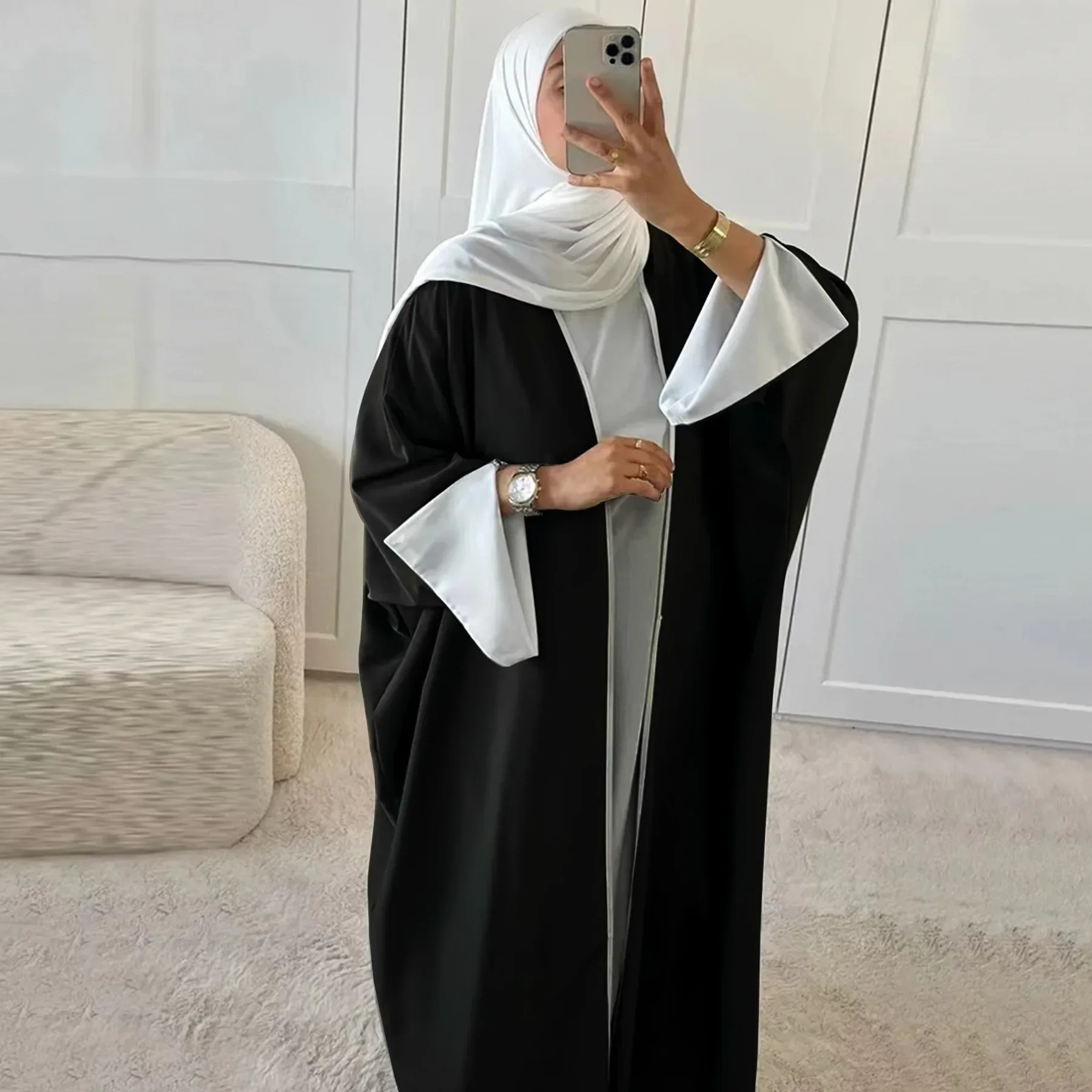 عباية باتوينغ المفتوحة كيمونو دبي سترة فاخرة عبايات حافة بيضاء إسلامية للنساء فستان حجاب تركي قفطان ملابس إسلامية