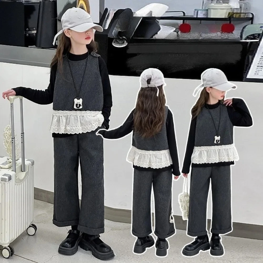 الربيع والخريف موضة جديدة 8-12 سنة فتاة في سن المراهقة زي ثلاث قطع مجموعة رمادي الدانتيل المرقعة سترة السراويل قاعدة قميص #1