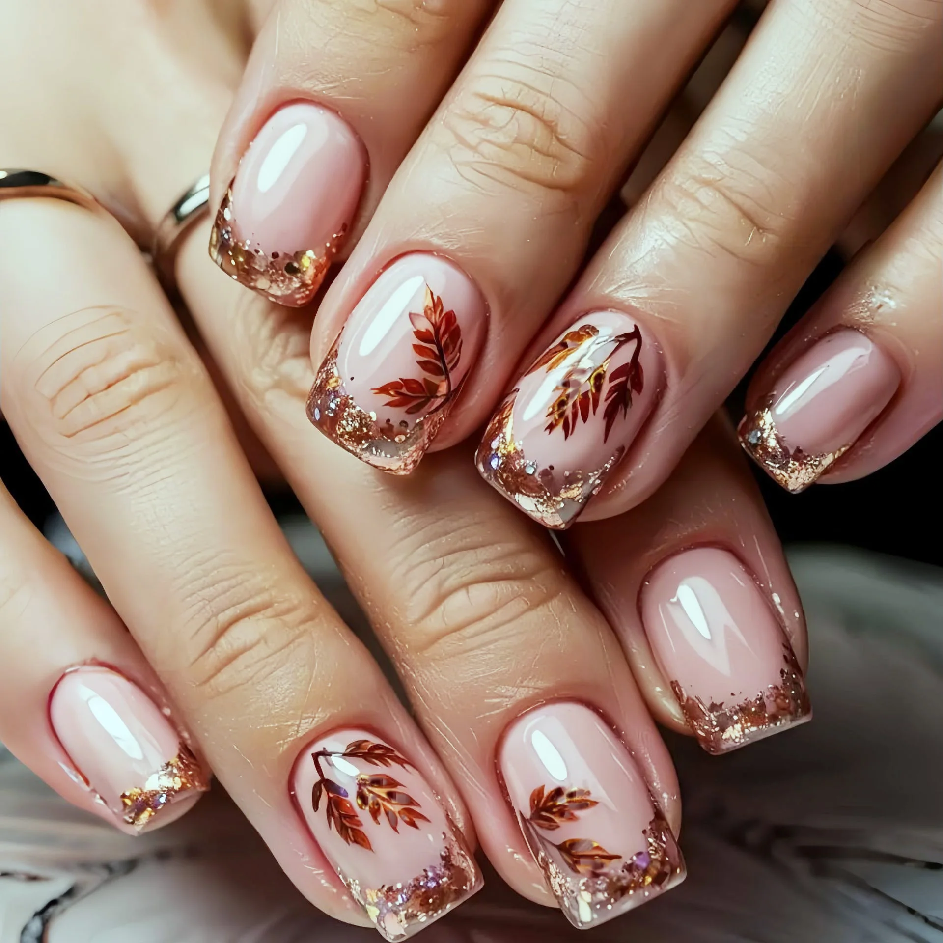 여성 및 소녀용 중간 크기 사각형 풀커버 프렌치 스타일 글리터 네일 팁 갈색 빨간색 잎 디자인 프레스온 인조 네일 아트
