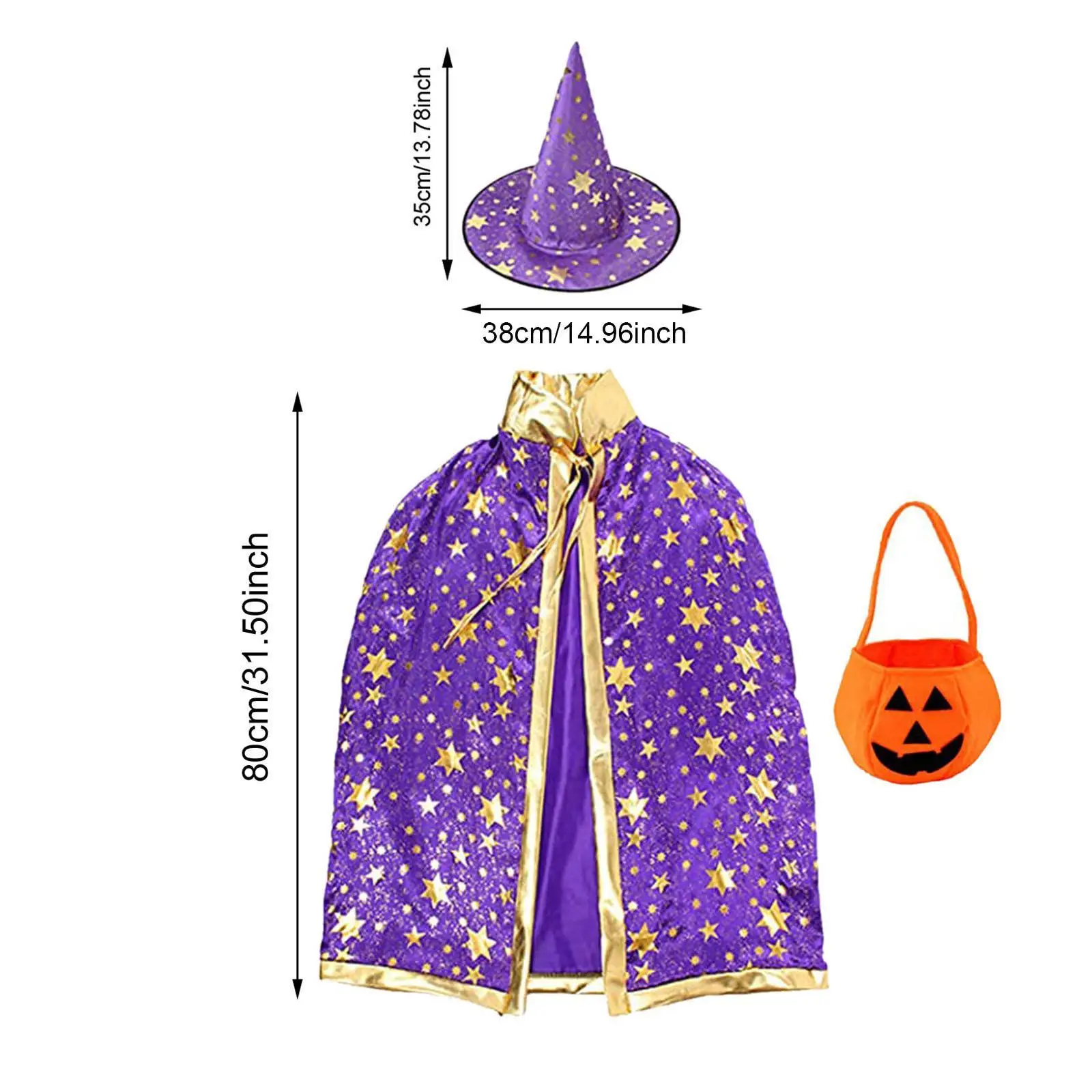 Wizard Cape with Hat and Pumpkin Bag Photography Prop Dress up Role Play Cosplay Costumes Apparel for Holiday Party Supplies