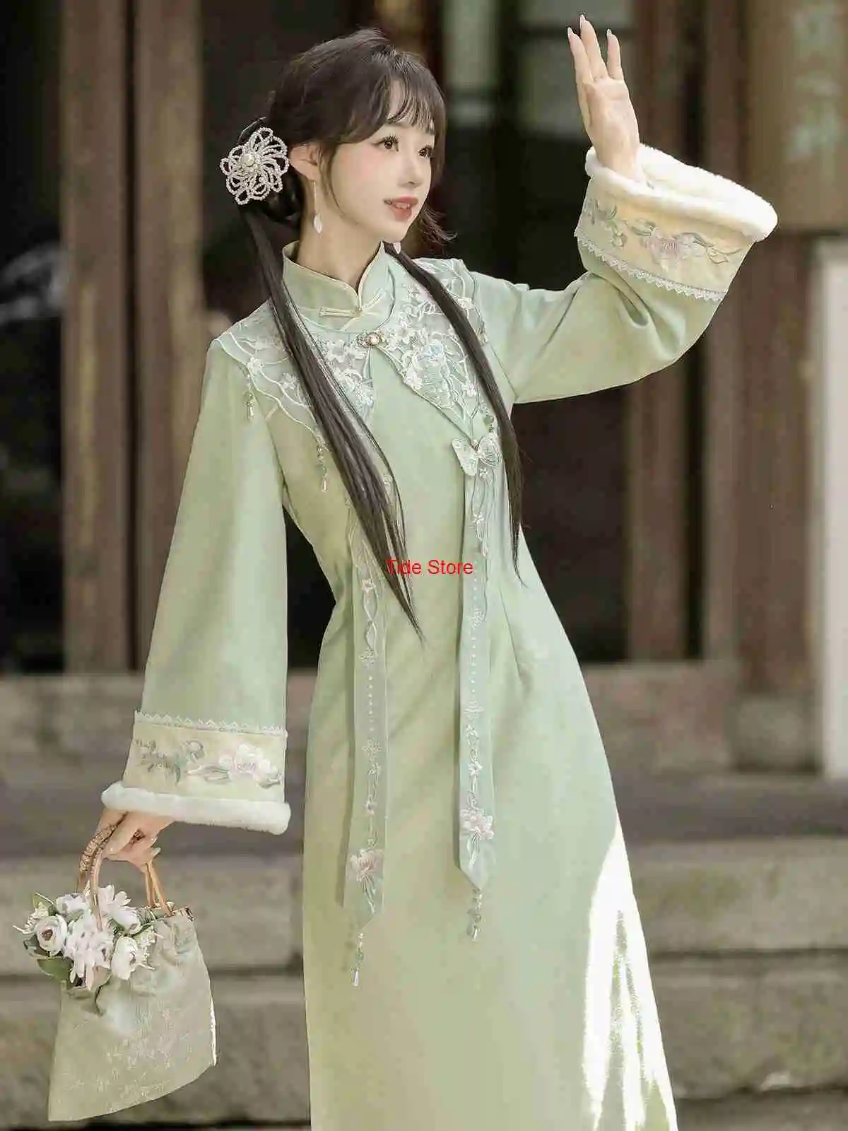 

Butterfly Improved Hanfu Women's Daily Han Element Green Dress New Chinese Style Cheongsam Cloud Shoulder Set