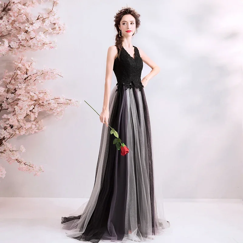 New Arrival V-neck Black Lace Tulle Woman Dresses Back Button Soild Lace Tulle Woman Dresses