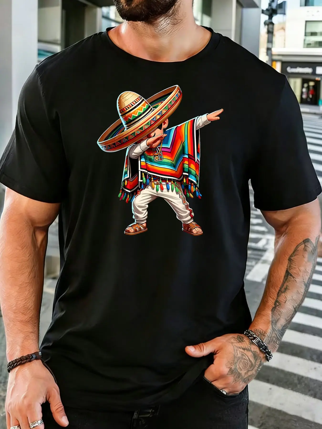 Men Cotton Crew Neck T Shirt Dabbing Mexican Man Sombrero Poncho Cartoon Print Fiesta Culture Casual Short Sleeve Male Daily Top