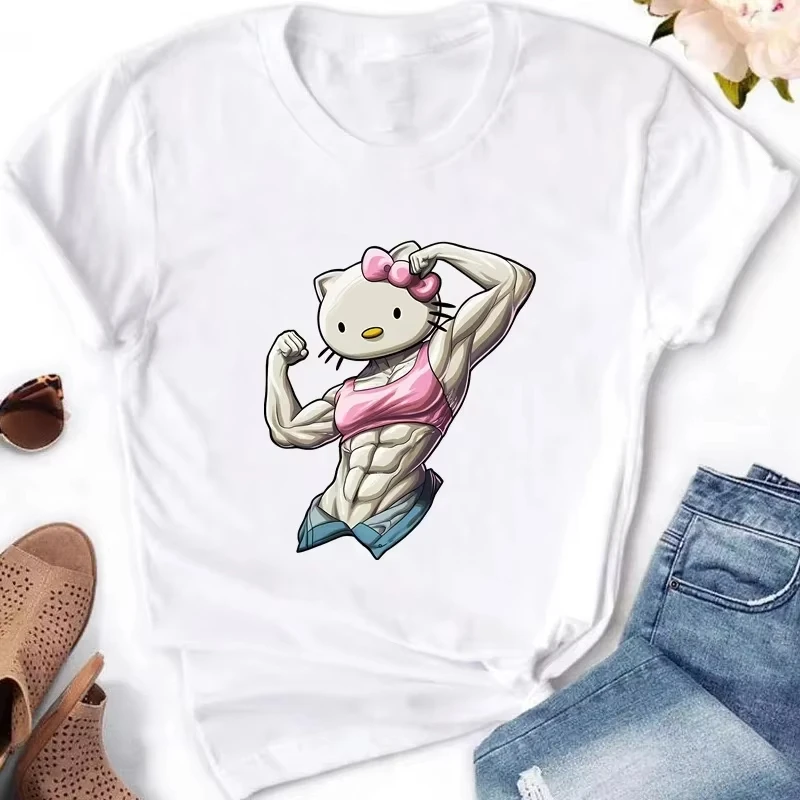

2025 Autumn New Fun Hello Kitty Printed T-shirt Anime Black Rice Pattern Women's Casual Fashion Harajuku Women's Clothing