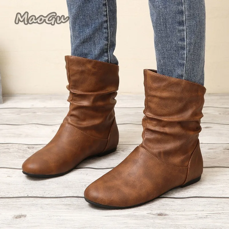 Botas cortas de cuero Para Mujer, talla 36-42, sin cordones, a la moda, con punta redonda plisada, tacón bajo, Botas Para Mujer
