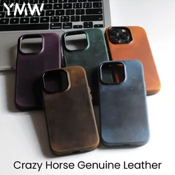 YMW Scratc Crazy Horse Funda de cuero genuino para iPhone 16 15 Pro Max Plus 14 13 mini PULL-UP magnético cubierta de teléfono de piel de vaca