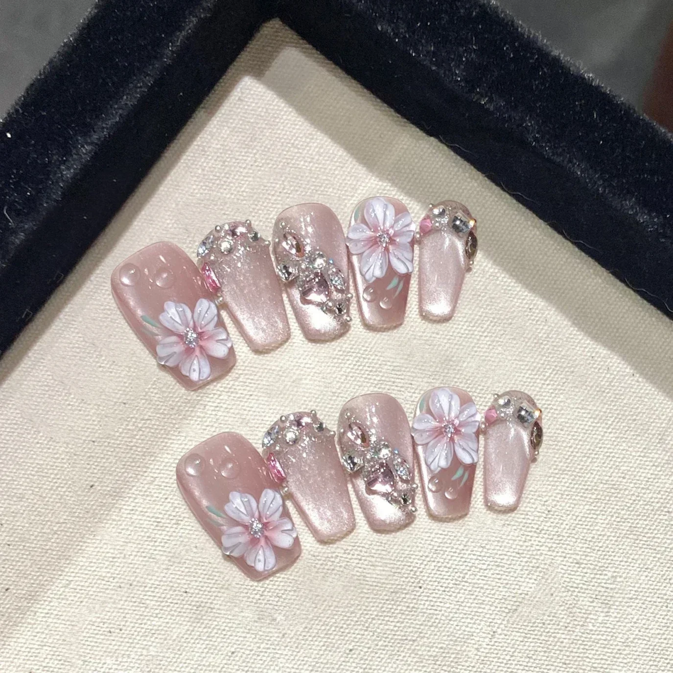

10Pcs Blue Handmade acrylic Nails Set Press on Professional Full Cover Nail Tips Manicure Angel Rose Design Wearable False Nails