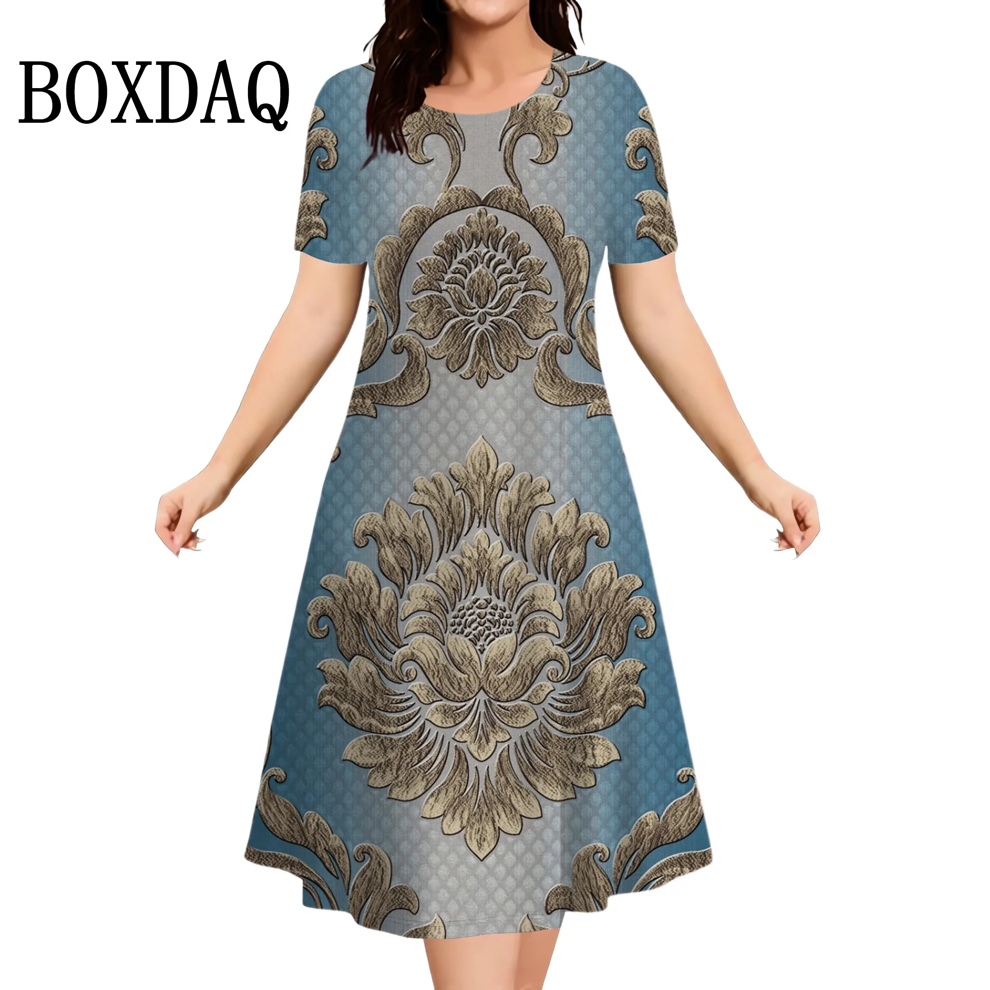 Vintage Women Printed Dress Summer Fashion Round Neck Short Sleeve Loose Plus Size Dress Sundress Casual Pullover New Dress 6XL