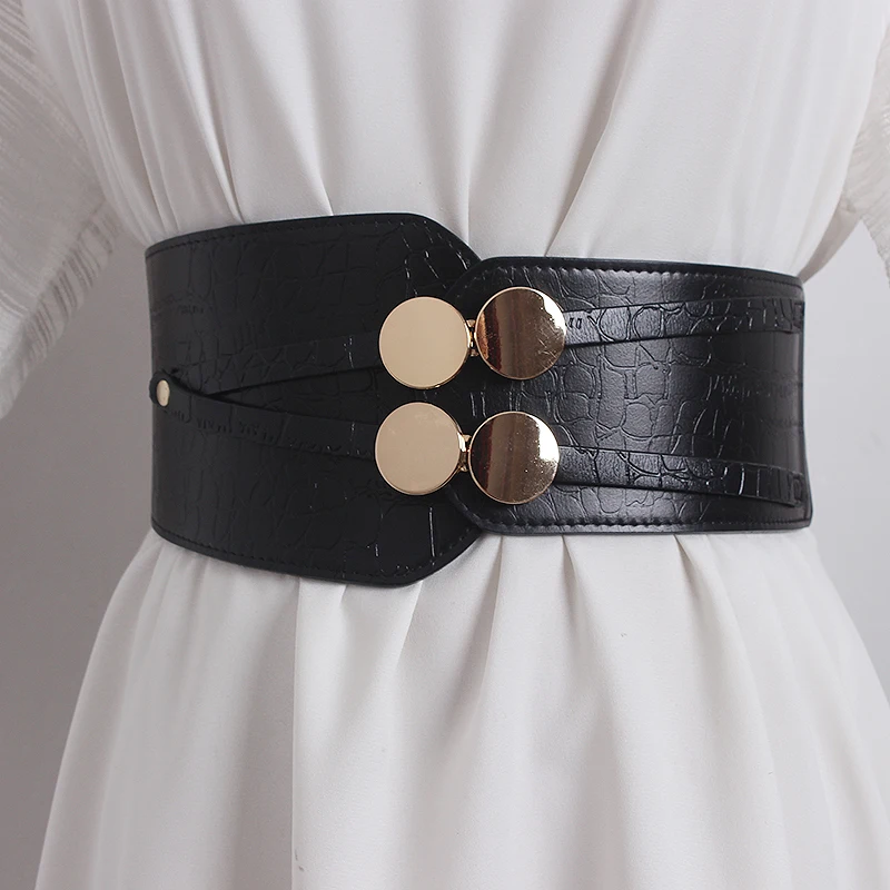 Women's Runway Fashion Genuine Leather Elastic Cummerbunds Female Dress Corsets Waistband Belts Decoration Wide Belt TB2640